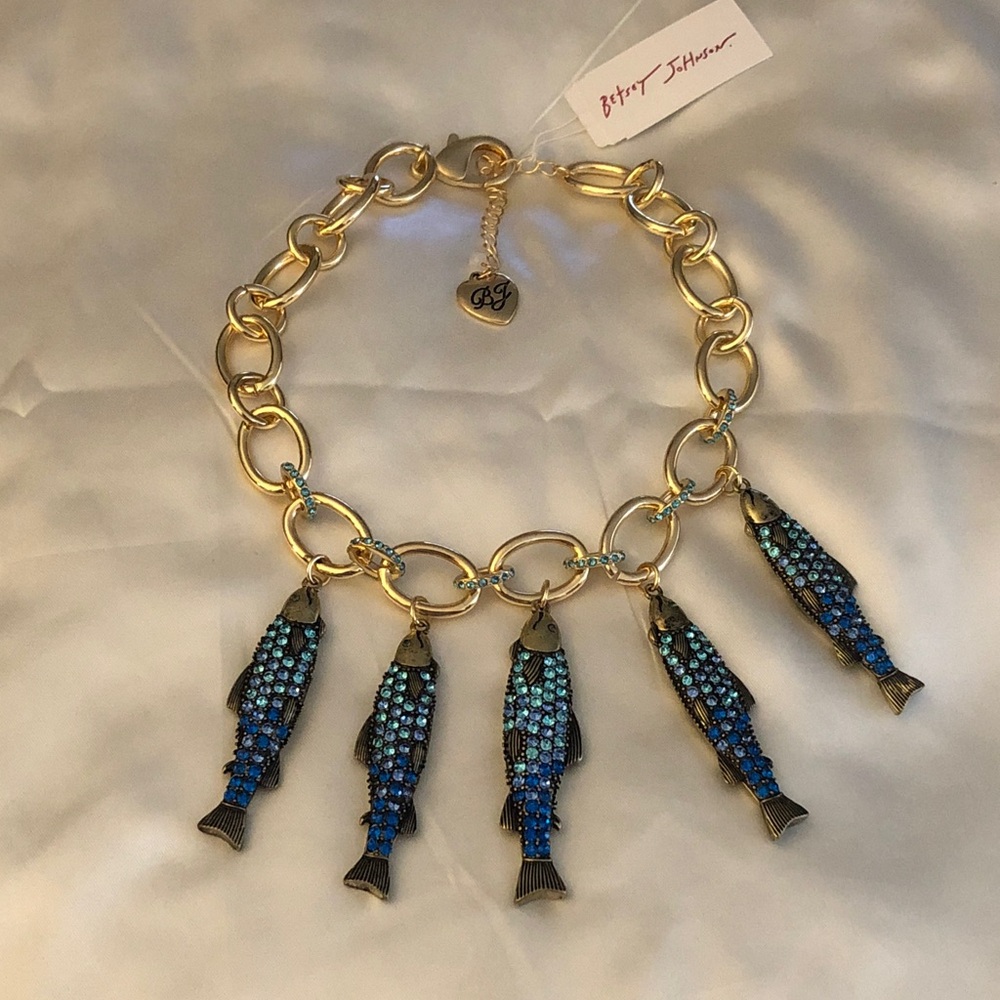 Betsey Johnson Mermaid Jewels Gold Tone Sardine Fish Charm Bib Necklace NWT